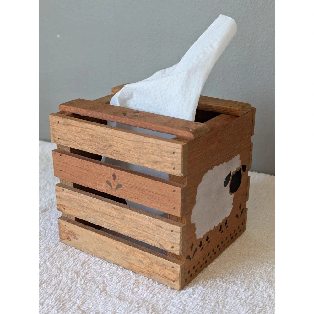 Country Wooden Tissue Box Cover Rustic Farmhouse Cottage Core Sheep Stencil